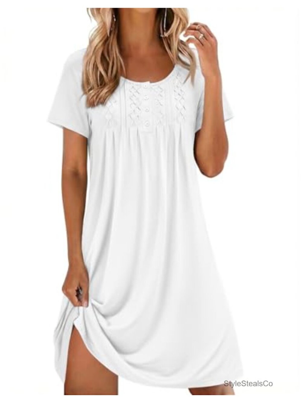 Cotton Nightgown Short Sleeve Button Sleep Shirt House Dress Pleated Ladies